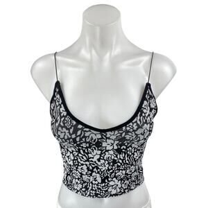 Free People Black Ribbed Knit Floral Sleeveless Cami Camisole Tank Crop Top XS/S